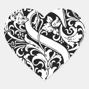 Letter S mittelalterliches Monogramm Art Nouveau Herz-Aufkleber
