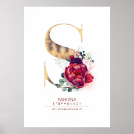 Letter S Monogram Floral Burgundy Red und Gold Poster