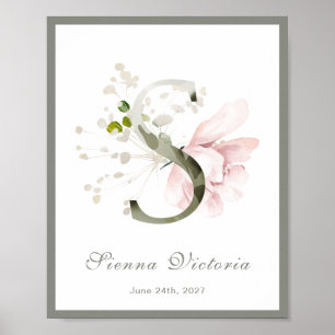 Letter S Monogram Pink Floral Kinderzimmer Poster