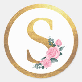 Letter S Monogram Roses Floral & Elegant Gold Runder Aufkleber