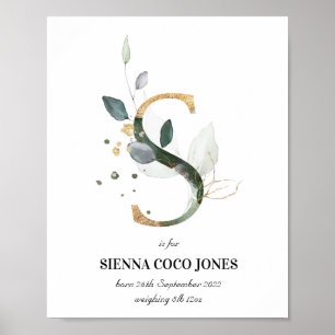 Letter S New Baby Monogram Birth Print Green Poster