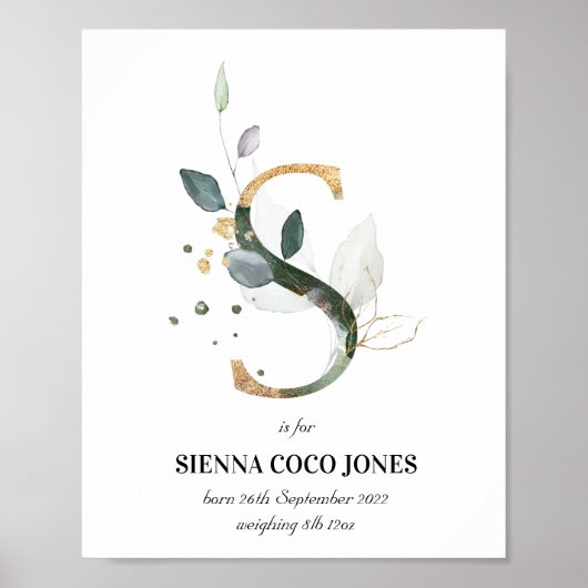 Letter S New Baby Monogram Birth Print Green Poster (Vorne)