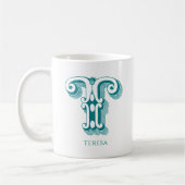 Letter T Aquamarin Monogram Modern Name Kaffeetasse (Links)