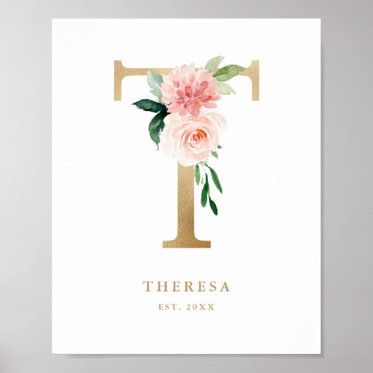 Letter T Blush Floral Monogram Gold Foil Kinderzim Poster (Vorne)