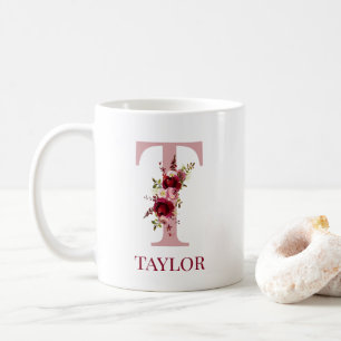 Letter T Burgundy Blush Floral Kaffeetasse