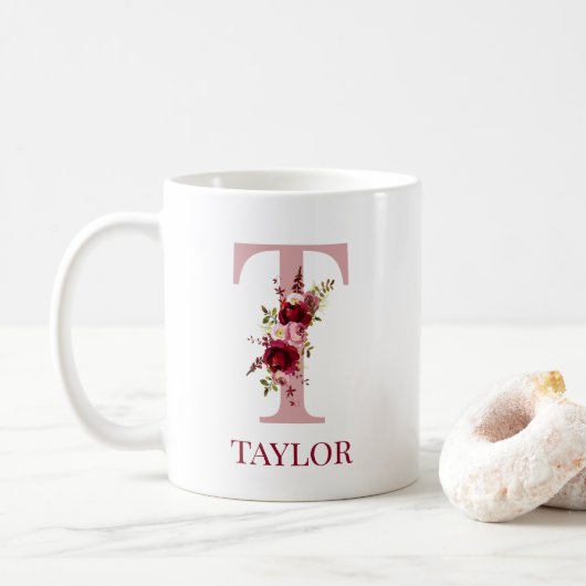 Letter T Burgundy Blush Floral Kaffeetasse (Mit Donut)