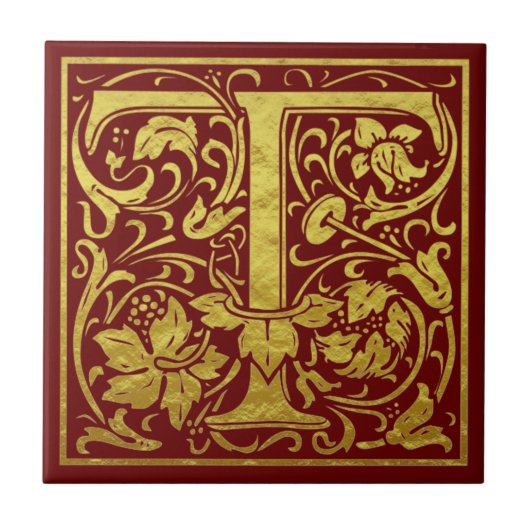 Letter T First Letter Imitats Gold Red Fliese (Vorderseite)