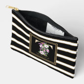 Letter T Floral Monogram Schwarz-weiße Streifen Zubehörtasche (Offen)