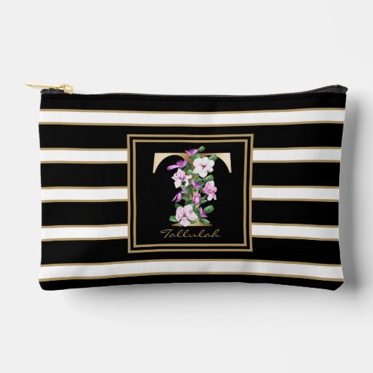Letter T Floral Monogram Schwarz-weiße Streifen Zubehörtasche (Vorderseite)