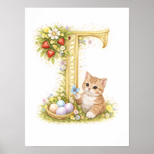 Letter T Gold Spring Nature Monogram Kitten Kids Poster (Vorne)