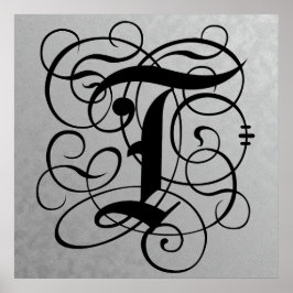 Letter T, Gothic Monogram Black Poster