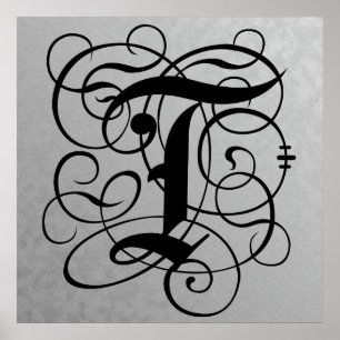 Letter T, Gothic Monogram Black Poster