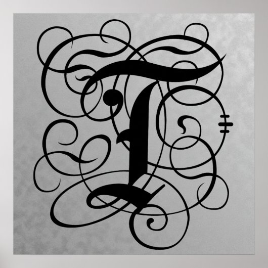 Letter T, Gothic Monogram Black Poster (Vorne)