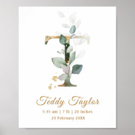 Letter T green & gold foliage Baby Birth Poster