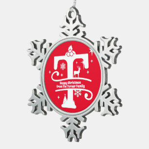 Letter T Monogram Anfangsname Familienname Gruß Schneeflocken Zinn-Ornament