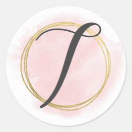 Letter T Monogram Blush Pink Aquarell Gold Chic Runder Aufkleber