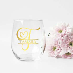 Letter T Monogram Bridesmaid Gift, Modernes Elegan Weinglas Ohne Stiel