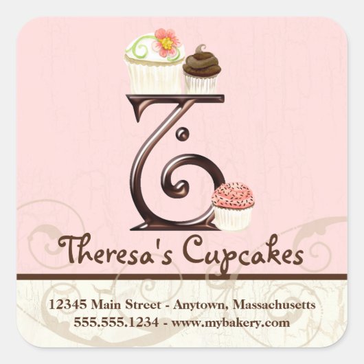Letter T Monogram Cupcake Logo Business Identity Quadratischer Aufkleber (Vorderseite)