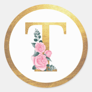 Letter T Monogram Roses Floral & Elegant Gold Runder Aufkleber