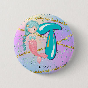 Letter T Monogram Watercolor Niedlich Mermaid Kind Button