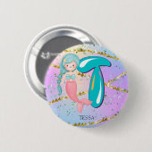 Letter T Monogram Watercolor Niedlich Mermaid Kind Button (Vorne & Hinten)