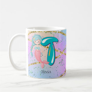 Letter T Monogram Watercolor Niedlich Mermaid Kind Kaffeetasse