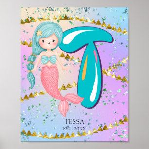 Letter T Monogram Watercolor Niedlich Mermaid Kind Poster