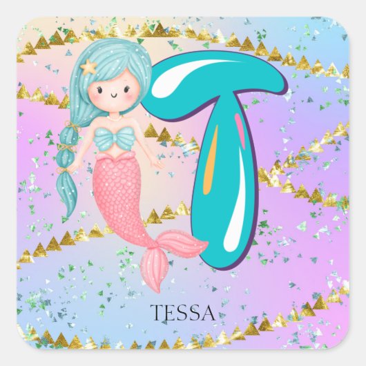 Letter T Monogram Watercolor Niedlich Mermaid Kind Quadratischer Aufkleber (Vorderseite)
