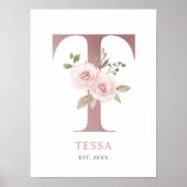 Letter T Monogram Watercolor Rose Florals Kinderzi Poster (Vorne)