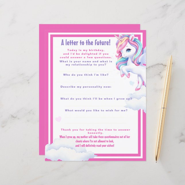 "Letter to the Future" game for a magical birthdау (Vorderseite/Rückseite Beispiel)