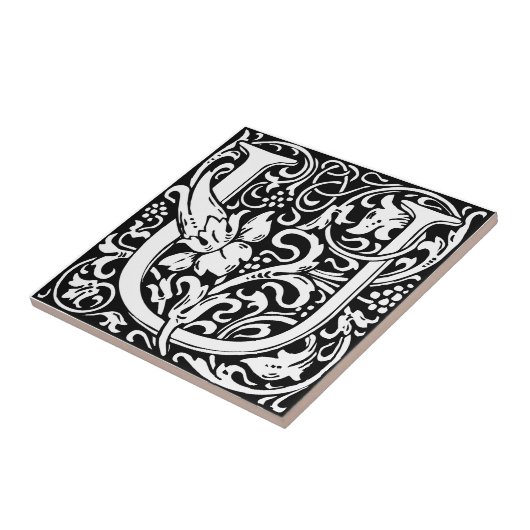 Letter U art nouveau schwarz-weiß Tile Fliese (Seite)