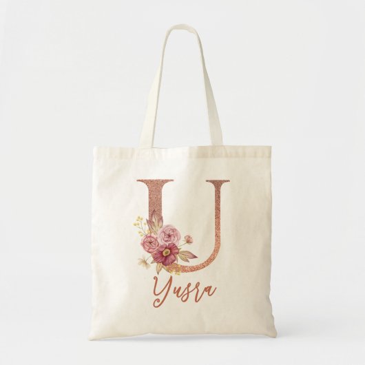 Letter U Blush rosa Glitzer Floral Monogram Tragetasche (Vorne)