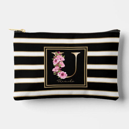 Letter U Floral Monogram Schwarz-weiße Streifen Zubehörtasche (Vorderseite)
