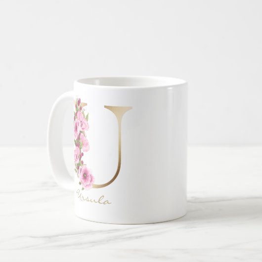 Letter U Gold Monogram Pink Magenta Floral Kaffeetasse (Vorderseite Links)