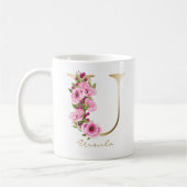 Letter U Gold Monogram Pink Magenta Floral Kaffeetasse (Links)