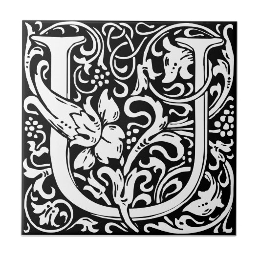 Letter U Medieval Monogram Art Nouveau Fliese (Vorderseite)