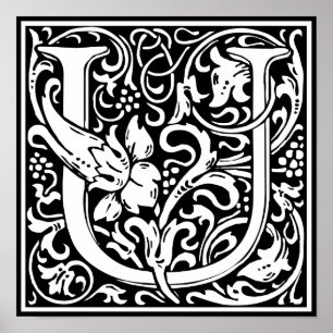 Letter U Medieval Monogram Art Nouveau Poster