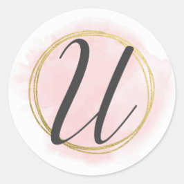 Letter U Monogram Blush Pink Watercolor Gold Chic Runder Aufkleber