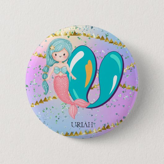 Letter U Monogram Watercolor Niedlich Mermaid Kind Button (Vorderseite)
