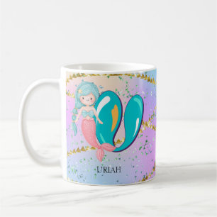 Letter U Monogram Watercolor Niedlich Mermaid Kind Kaffeetasse