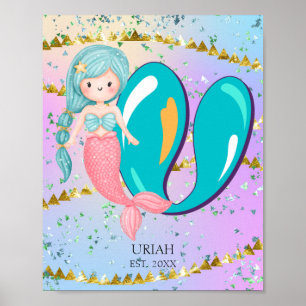 Letter U Monogram Watercolor Niedlich Mermaid Kind Poster