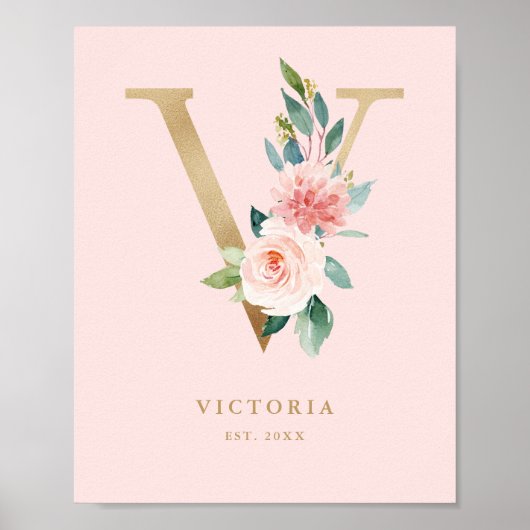 Letter V Blush Floral Monogram Gold Foil Kinderzim Poster (Vorne)