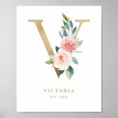 Letter V Blush Floral Monogram Gold Foil Kinderzim Poster (Vorne)