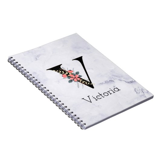 Letter "V" Boho Floral Monogram White Marmor Notizblock (Rechte Seite)