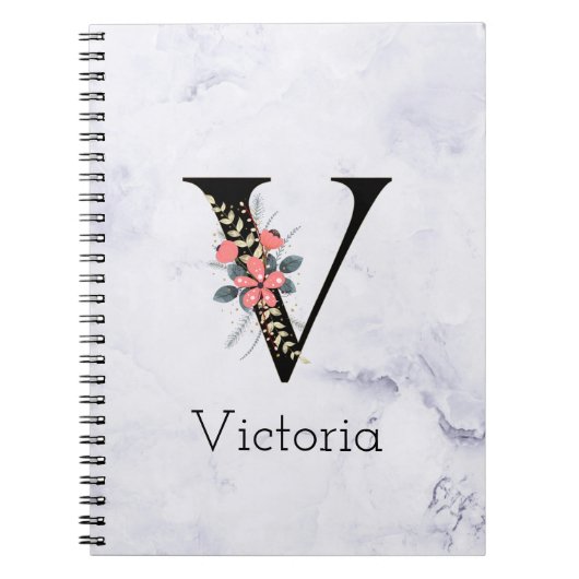 Letter "V" Boho Floral Monogram White Marmor Notizblock (Vorderseite)