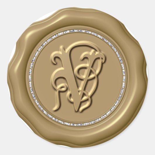 *~* Letter V Diamond Circle GOLD Wax Siegel Sticke Runder Aufkleber (Vorderseite)