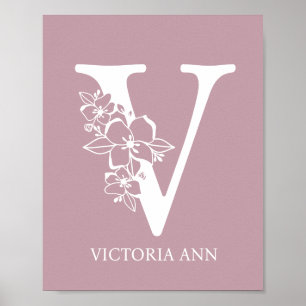 Letter V Floral Monogram Name Kinderzimmer Modern Poster