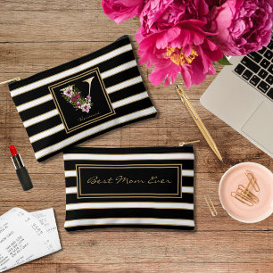 Letter V Floral Monogramm Schwarz-weiße Streifen Zubehörtasche