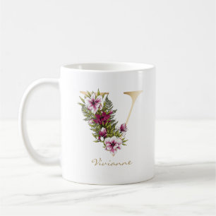 Letter V Gold Monogram Marsala White Florals Kaffeetasse