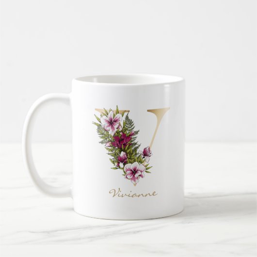 Letter V Gold Monogram Marsala White Florals Kaffeetasse (Links)